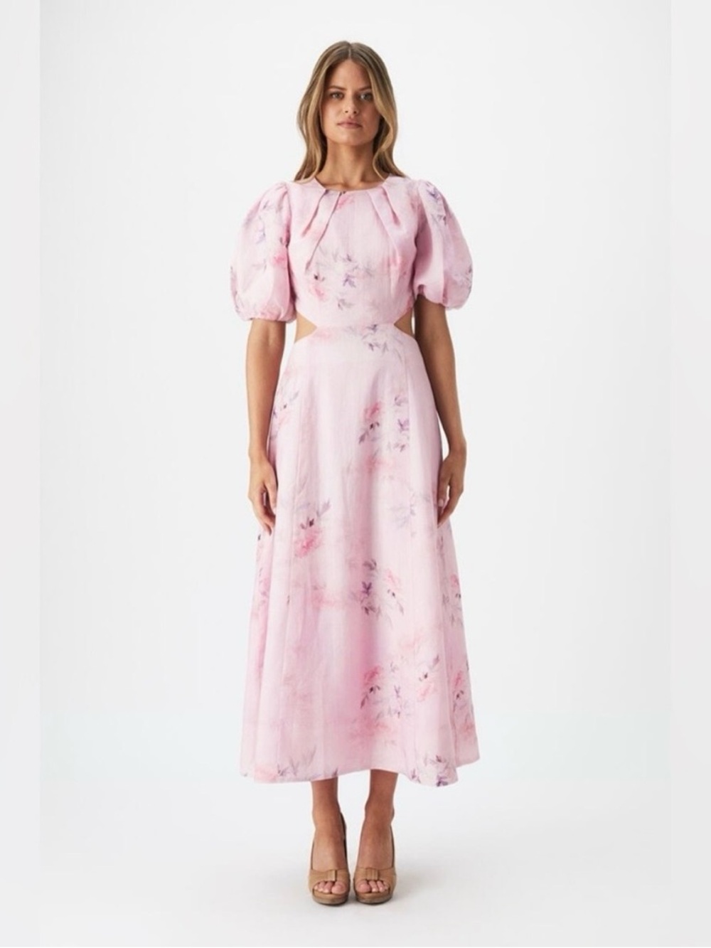 Bardot Malina Pink Floral Puff Sleeve Cutout Midi Dress NEW